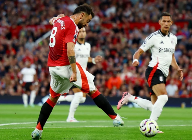 Manchester United's Bruno Fernandes shoots at goal