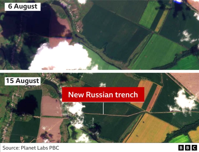 Two images comparing satellite images from 6 August and 15 August showing a newly dug Russian trench near Kursk