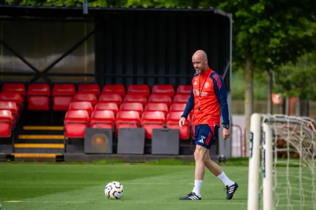 Manager Erik ten Hag of Manchester United in action during a first team training session at Carrington