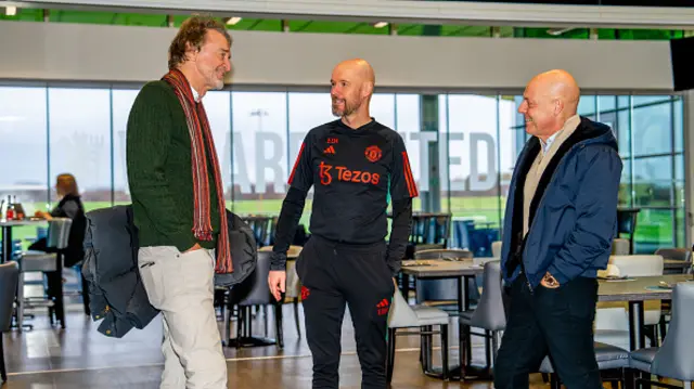 Sir Jim Ratcliffe and Sir Dave Brailsford of INEOS meet Manager Erik ten Hag of Manchester United