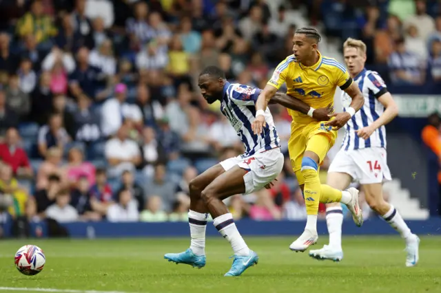 West Bromwich Albion's Semi Ajayi and Leeds United's Mateo Joseph (right) battle for the ball