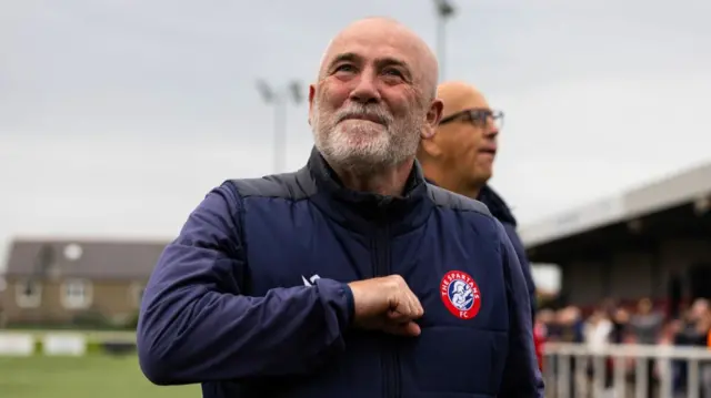 The Spartans' manager Dougie Samuel at full time during a Premier Sports Cup last sixteen match between The Spartans and Ross County at Ainslie Park, on August 17, 2024, in Edinburgh, Scotland. (Photo by Mark Scates / SNS Group)