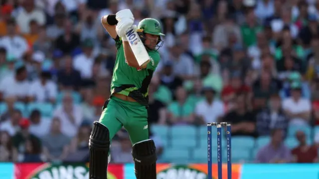 Leus Du Plooy of Southern Brave bats during The Hundred Eliminator match between Birmingham Phoenix Men and Southern Brave Men at The Kia Oval