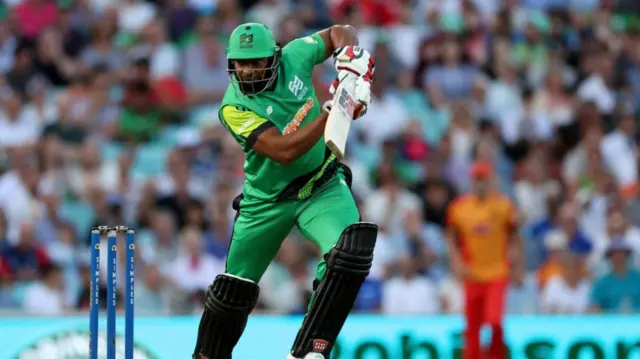 Kieron Pollard of Southern Brave bats during The Hundred Eliminator match between Birmingham Phoenix Men and Southern Brave Men at The Kia Oval