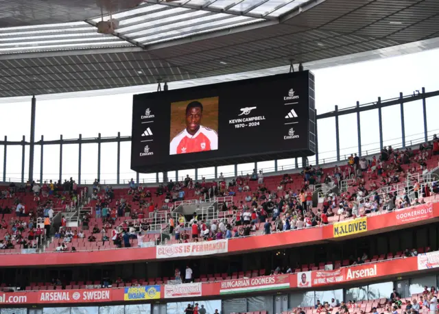 Emirates scoreboard shows a tribute to Kevin Campbell