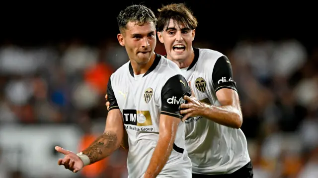 Valencia's Hugo Duro celebrates scoring their first goal