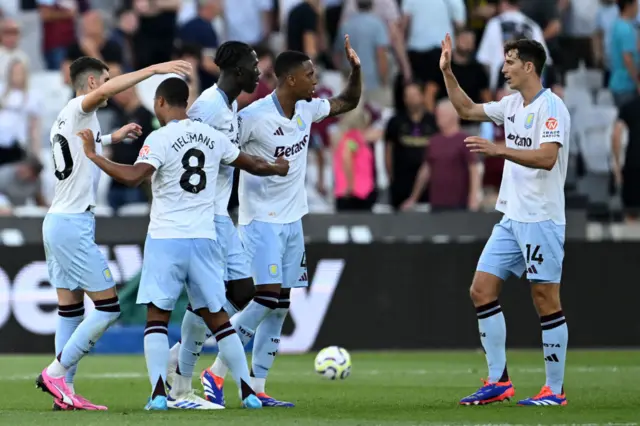 Villa players congregate around goalscorers Onana and Duran