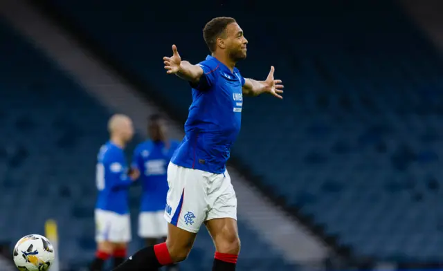 Cyriel Dessers celebrates after scoring for Rangers against St Johnstone