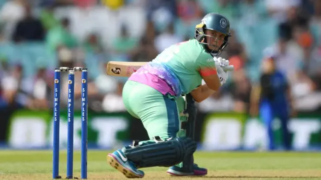 Alice Capsey of Oval Invincibles looks behind as she is caught during the Eliminator match between Oval Invincibles Women and London Spirit Women