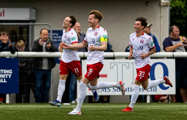 The Spartans' Blair Henderson scores to make it 1-0 during a Premier Sports Cup last sixteen match between The Spartans and Ross County at Ainslie Park, on August 17, 2024, in Edinburgh, Scotland.