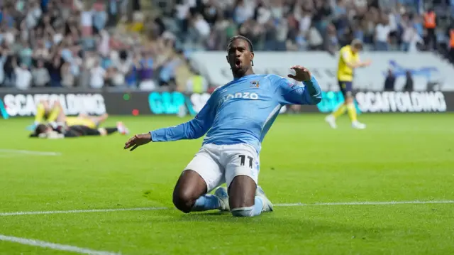 Coventry City's Haji Wright celebrates scoring the winner against Oxford United