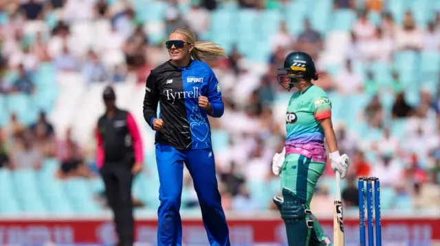 London Spirit Sarah Glenn celebrates the wicket of Oval Invincibles Lauren Winfield-Hill (not pictured) during The Hundred Women's Eliminator match at The Kia Oval