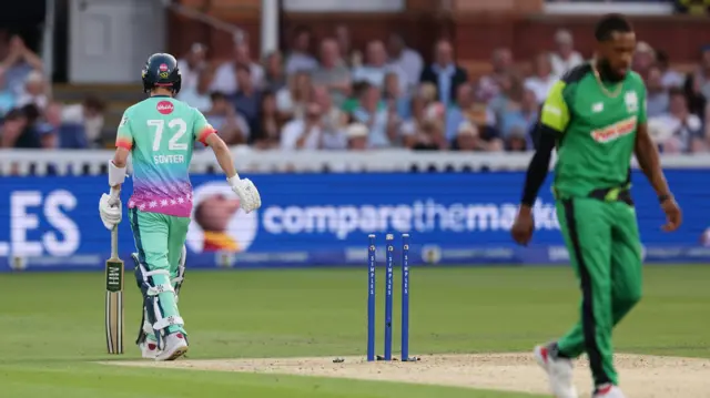 Southern Brave's Chris Jordan takes the wicket of Oval Invincibles' Nathan Sowter