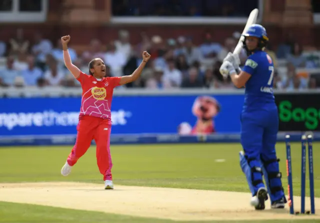 Shabnim Ismail of Welsh Fire celebrates after bowling Meg Lanning of London Spirit