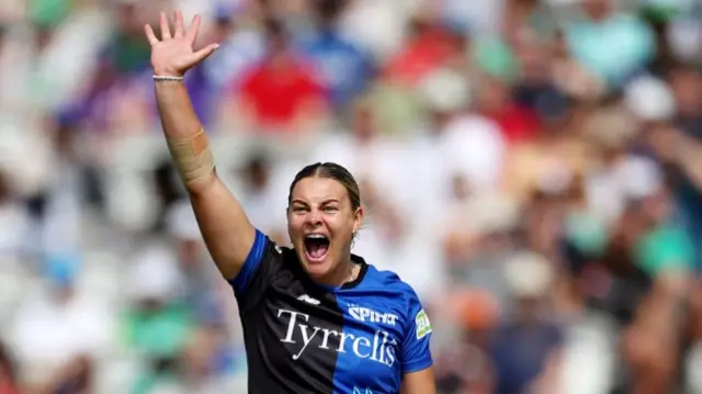 Danielle Gibson of London Spirit appeals during The Hundred Final match between Welsh Fire Women and London Spirit Women at Lord's Cricket Ground