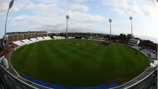 Blue skies but a lot of clouds scattered over the county ground before play at Taunton