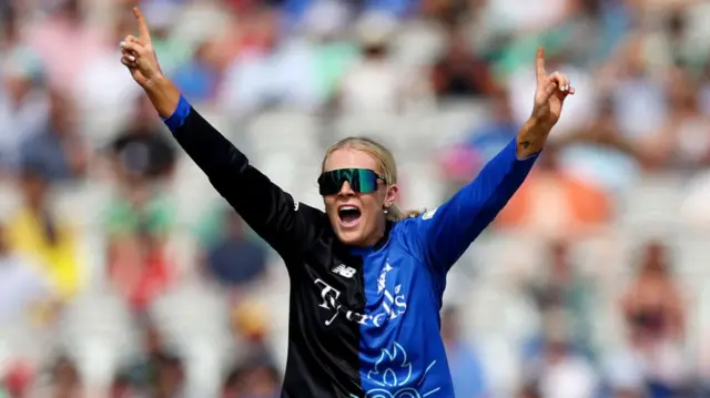 Sarah Glenn of London Spirit appeals successfully for the wicket of Sarah Bryce of Welsh Fire during The Hundred Final match between Welsh Fire Women and London Spirit Women