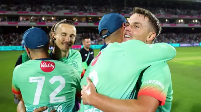 Sam Curran, Donovan Ferreira, Tom Curran and Nathan Sowter of Oval Invincibles celebrate winning The Hundred Final