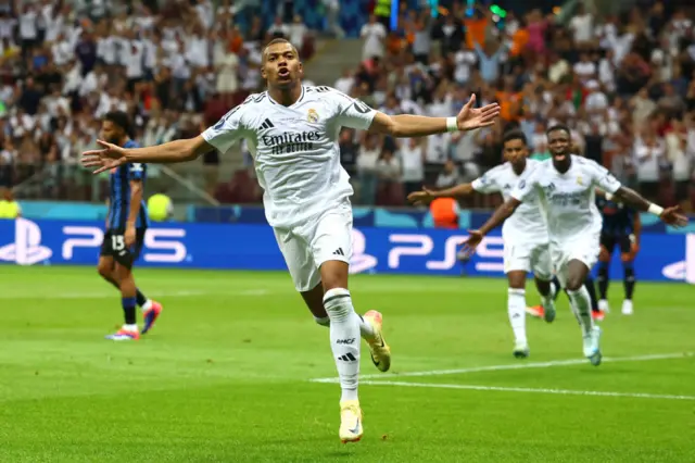 Real Madrid's Kylian Mbappe celebrating scoring in the Super Cup