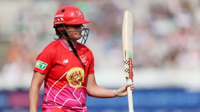 Jess Jonassen of Welsh Fire walks off, dismissed for 54 during The Hundred Final match between Welsh Fire Women and London Spirit Women