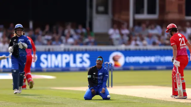 London Spirit's Deepti Sharma removes Welsh Fire's Georgia Elwiss caught and bowled during The Hundred Women's Final