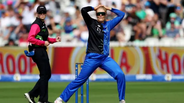 Sarah Glenn of London Spirit reacts during The Hundred Final match between Welsh Fire Women and London Spirit Women at Lord's Cricket Ground