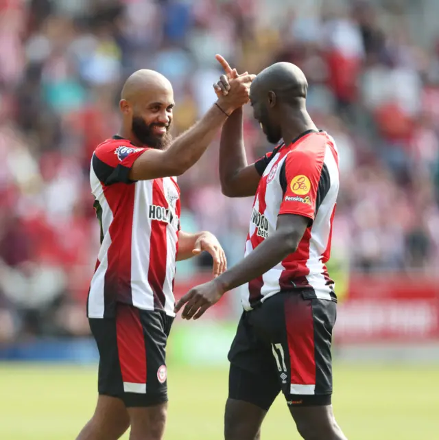 Mbeumo and Wissa celebrate together after the latter's winning goal