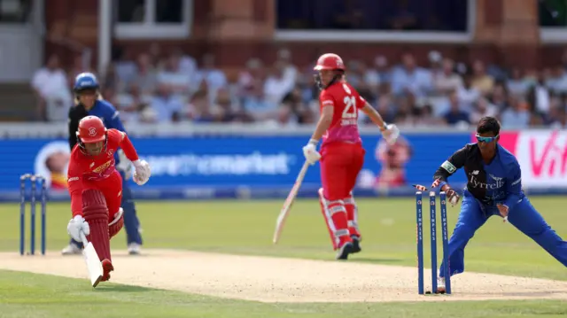 London Spirit's Deepti Sharma runs out Welsh Fire's Phoebe Franklin during The Hundred Women's Final