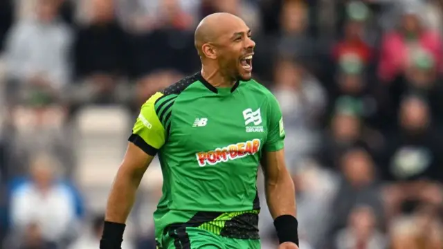 Tymal Mills of Southern Brave celebrates taking the wicket of Shimron Hetmyer of London Spirit during The Hundred match between Southern Brave Men and London Spirit Men