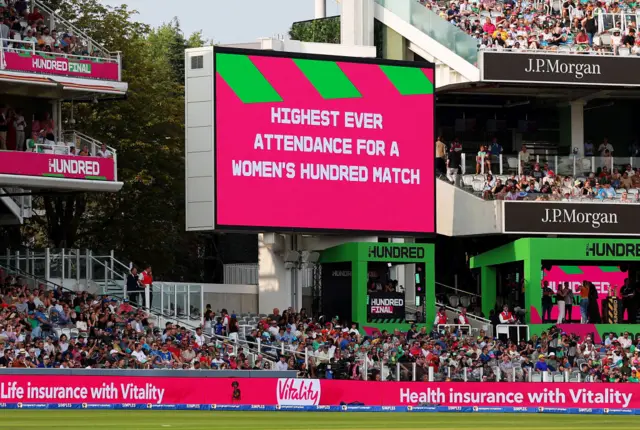 The screen reads 'Highest Ever Attendance For a Women's Hundred Match'