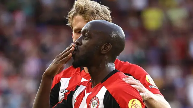 Yoane Wissa blows a kiss to Brentford fans after scoring against Crystal Palace