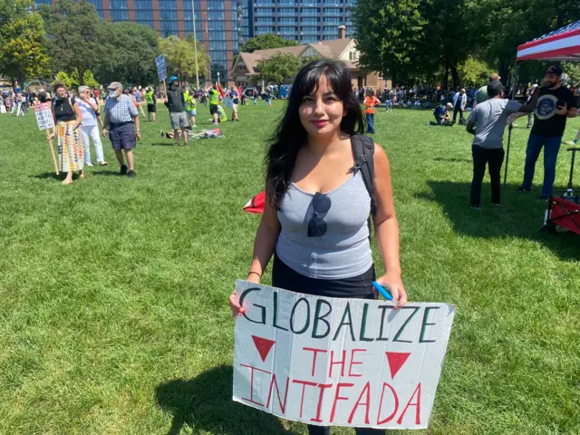 Woman protesting outside DNC convention