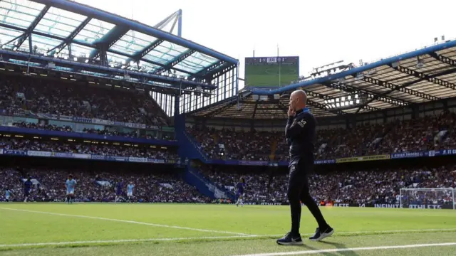 Enzo Maresca, Manager of Chelsea, looks on during the Premier League match between Chelsea FC and Manchester City FC at Stamford Bridge on August 18, 2024 in London, England.