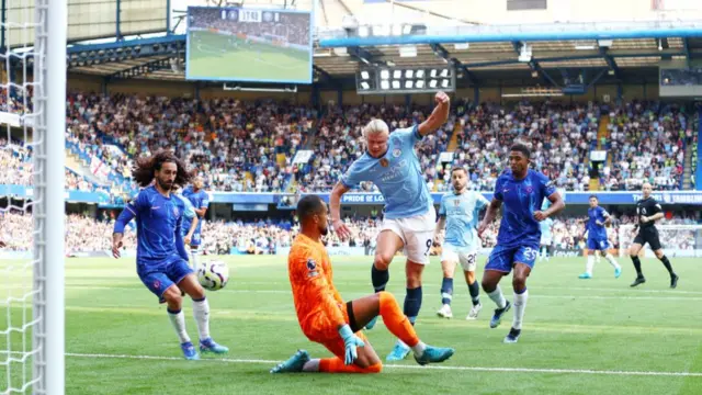 Erling Haaland scores against Chelsea