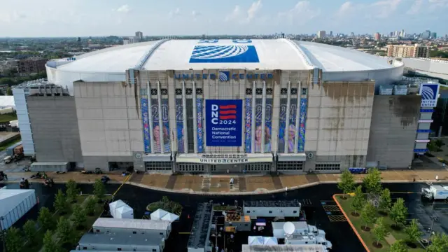 A drone view shows the United Center, the host venue of the Democratic National Convention (DNC), in Chicago, Illinois, U.S. August 16, 2024.