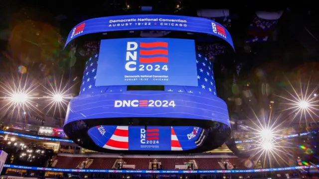 People work during preparations at the United Center, the host venue of the Democratic National Convention (DNC) in Chicago, Illinois, U.S. August 18, 2024