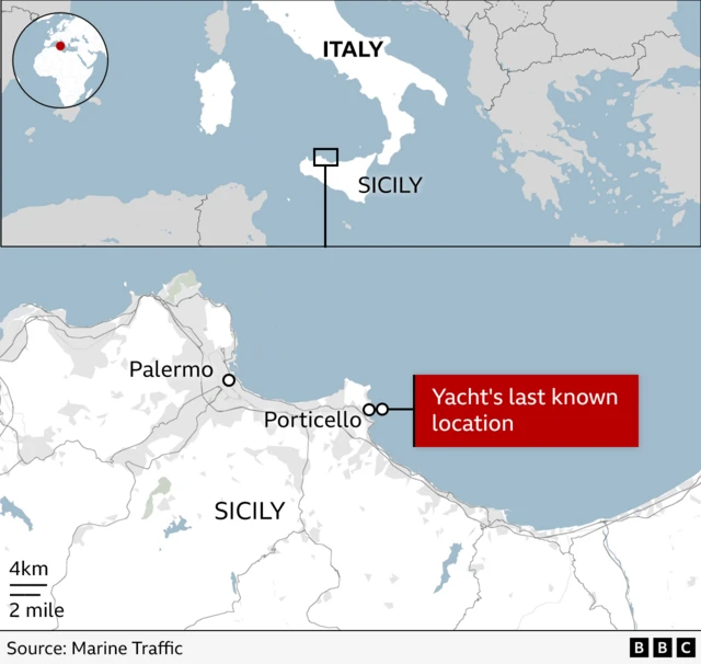 A map showing the last-recorded location of the yacht Bayesian before it sank overnight off the coast of Sicily, Italy, near Porticello east of Palermo