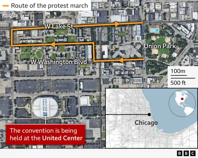 A map showing the route of the protest outside the DNC in Chicago