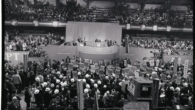 Chicago's Mayor Richard J. Daley makes the welcoming address 8/26 to delegates and guests at the 1968 Democratic National Convention,