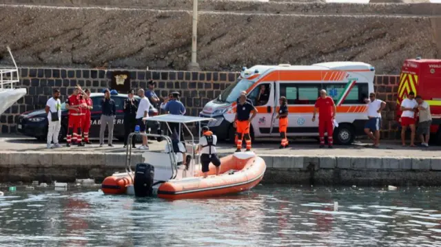 Emergency workers in a harbour