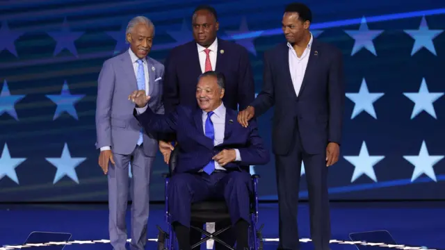 Rev. Al Sharpton and Rev. Jesse Jackson attend Day one of the Democratic National Convention (DNC) in Chicago, Illinois, U.S., August 19, 2024. REUTERS/Mike Segar