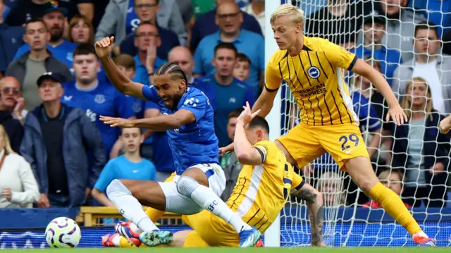 Brighton's Lewis Dunk makes a challenge on Everton's Dominic Calvert-Lewin, which was given as a penalty but then overturned