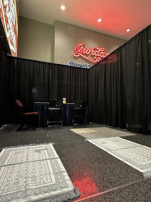 Two prayer rugs are available inside a prayer room at the DNC