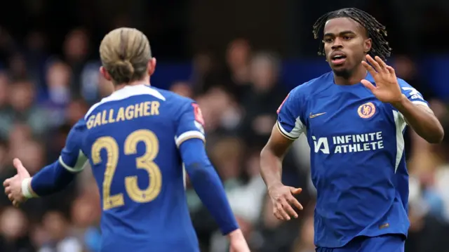 Conor Gallagher and Carney Chukwuemeka celebrate a Chelsea goal