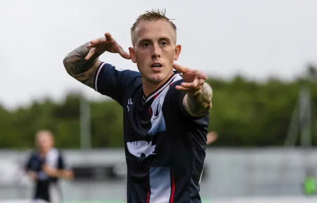 Falkirk's Calvin Miller celebrates making it 1-0 during a William Hill Championship match between Falkirk and Queen's Park at the Falkirk Stadium, on August 02, 2024, in Falkirk, Scotland. (Photo by Mark Scates / SNS Group)