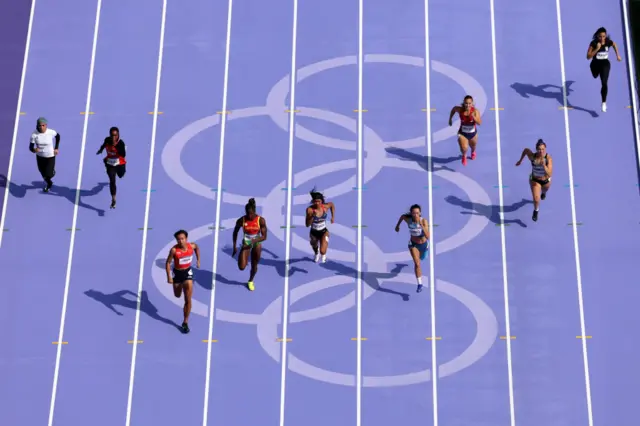 A general view during the Women's 100m Round 1 on day seven of the Olympic Games Paris 2024