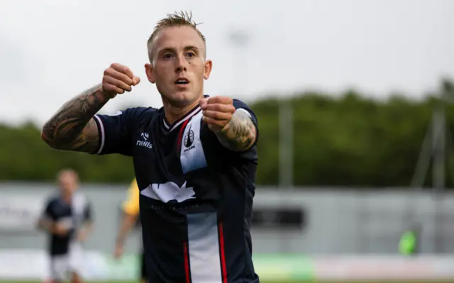 Falkirk's Calvin Miller celebrates making it 1-0 during a William Hill Championship match between Falkirk and Queen's Park at the Falkirk Stadium, on August 02, 2024, in Falkirk, Scotland. (Photo by Mark Scates / SNS Group)