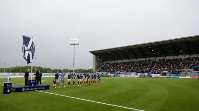 The League One winners flag is unfurled before a William Hill Championship match between Falkirk and Queen's Park at the Falkirk Stadium, on August 02, 2024, in Falkirk, Scotland. (Photo by Mark Scates / SNS Group)