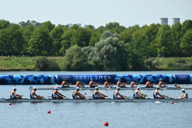 US' rower compete against Netherlands' boat in the men's eight heats rowing competition at Vaires-sur-Marne Nautical Centre in Vaires-sur-Marne