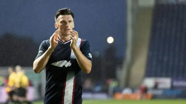 Falkirk's Michael Mckenna at full time during a William Hill Championship match between Falkirk and Queen's Park at the Falkirk Stadium, on August 02, 2024, in Falkirk, Scotland. (Photo by Mark Scates / SNS Group)